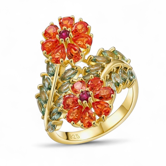 Natural Gemstones Flower Cocktail Ring 18K Gold over 925 Sterling Silver
